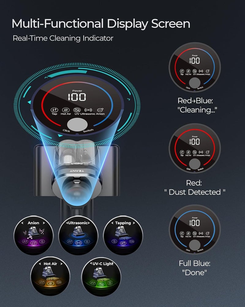 Teant Powerful Mattress Bed Vacuum Cleaner, 2-Speed (14kPa/18kPa) Mattress Vacuum with Green Light Dust Detection, 253.7nm UV-C Light, LED Display, HEPA Filter, 149℉ Heat, Aroma for Bed Couch Carpet - Image 4